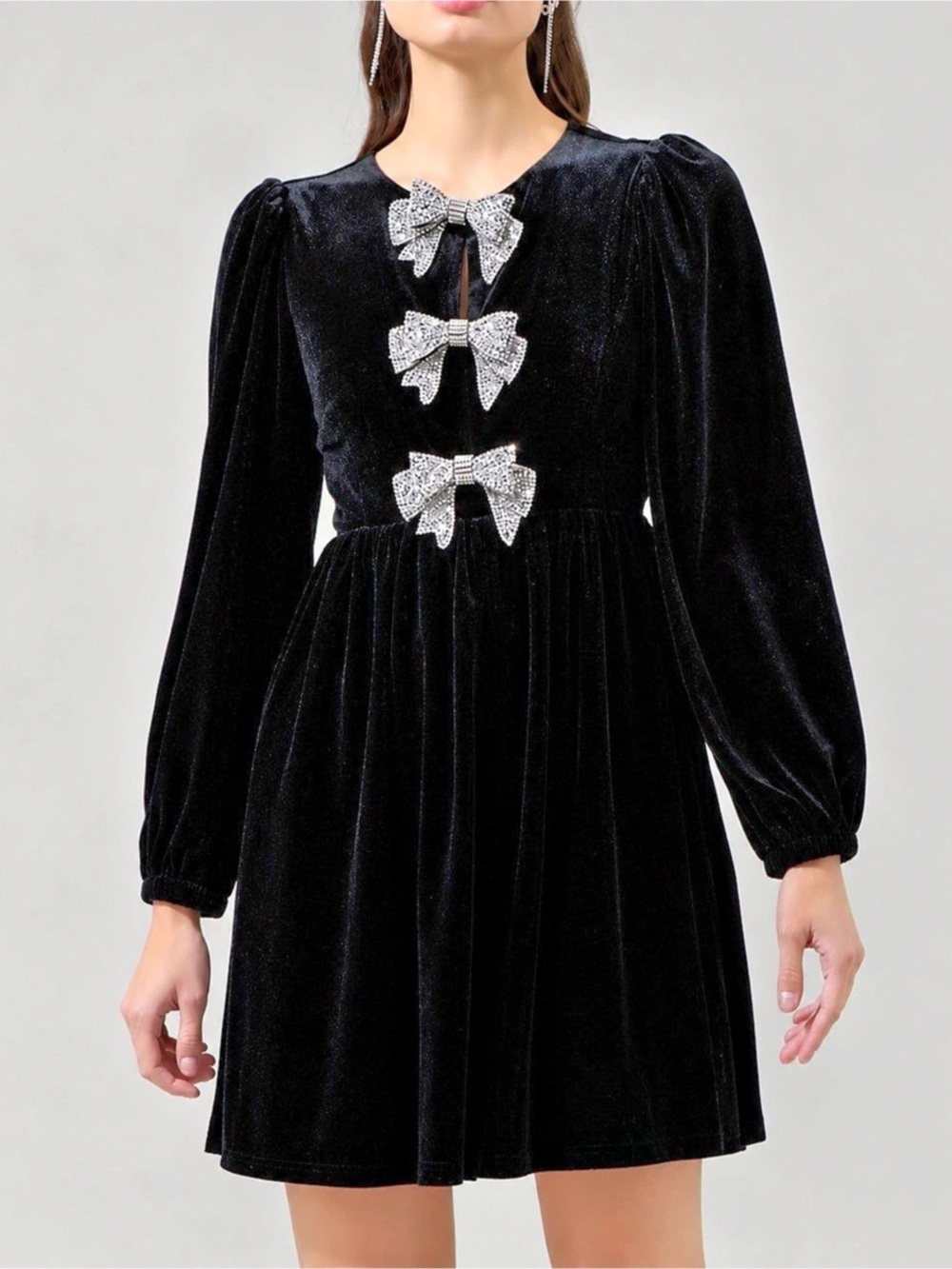 Sugarlips Glow Bow Velvet Black Dress Size 1X Puffed Long Sleeves Holidays Party